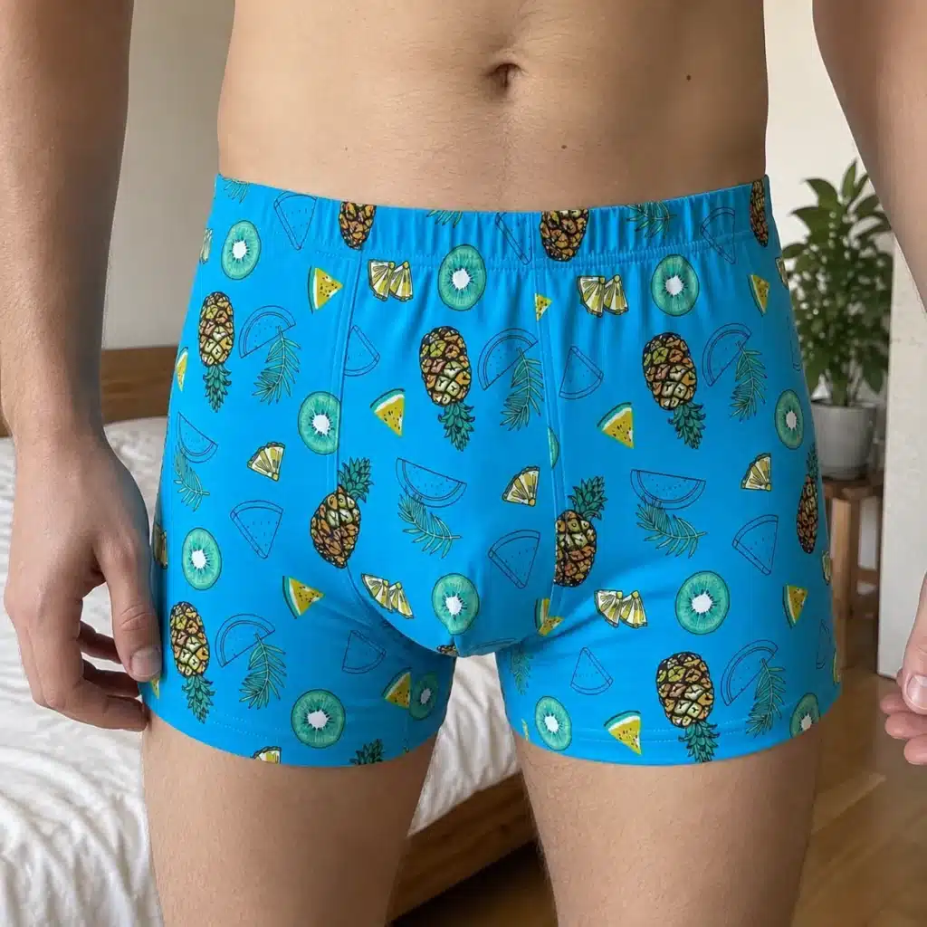 Tyrkysové ovocné bambusové boxerky na modeli