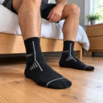 Čierne športové ponožky so sivým vzorom na nohách v spálni